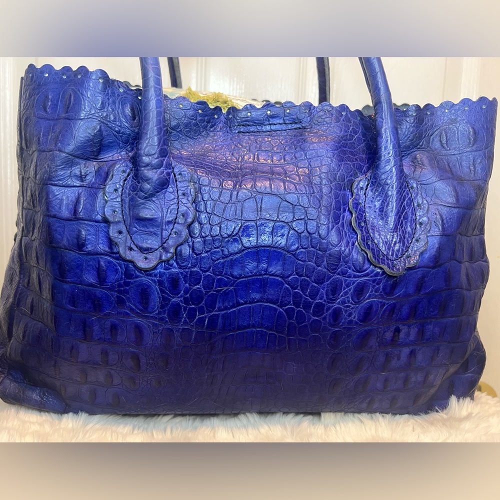 FURLA LEATHER (CANDY BAG) CROCODILE EMBOSSED SATCHEL TOTE PURPLE/BLUE - Picture 2 of 15